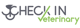 The image shows the CheckIn vet logo with a gray and green color scheme and a stylized pet nose and mouth graphic.